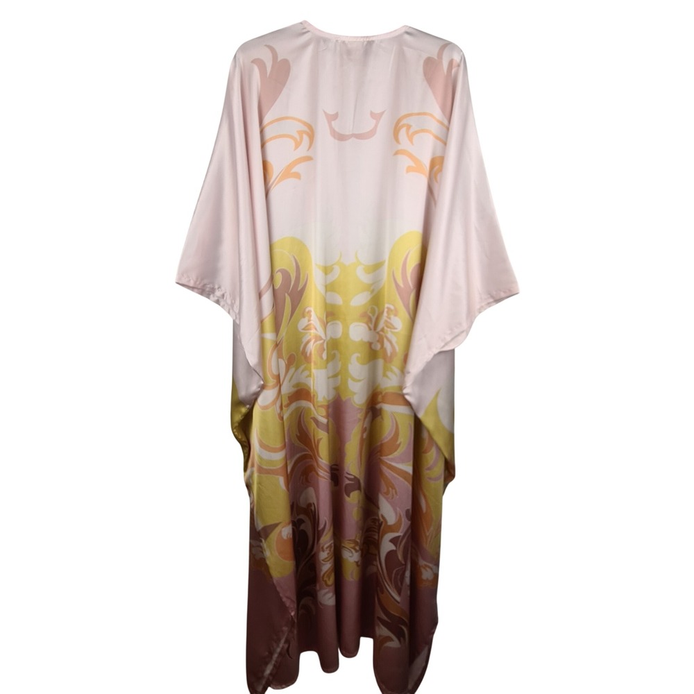 Floral Satin Kaftan Maxi Dress Made in India Oversized Boho Robe Pink Yellow - Picture 6 of 6